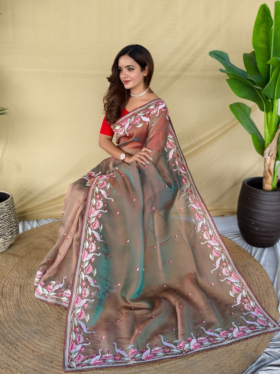 Mameraa Sarees Brown Royal Gabbana Silk Saree Woven In A Shiny Dual-Tone Finish-Brown | Grocsy