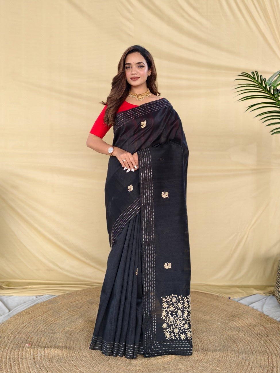 Mameraa Sarees Black Matka Silk Saree With All Over Designer Embroidery-Black | Grocsy