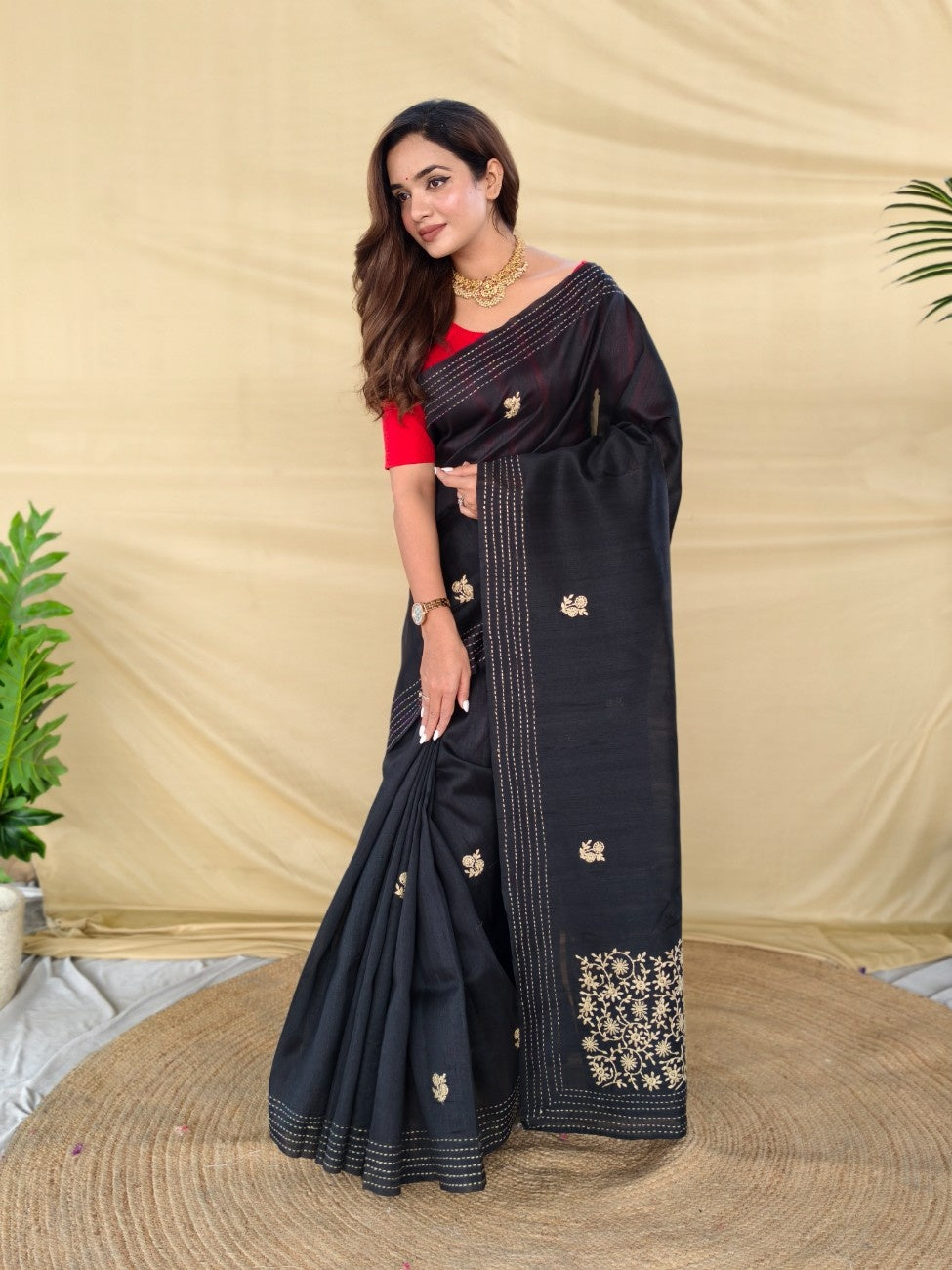 Mameraa Sarees Black Matka Silk Saree With All Over Designer Embroidery-Black | Grocsy
