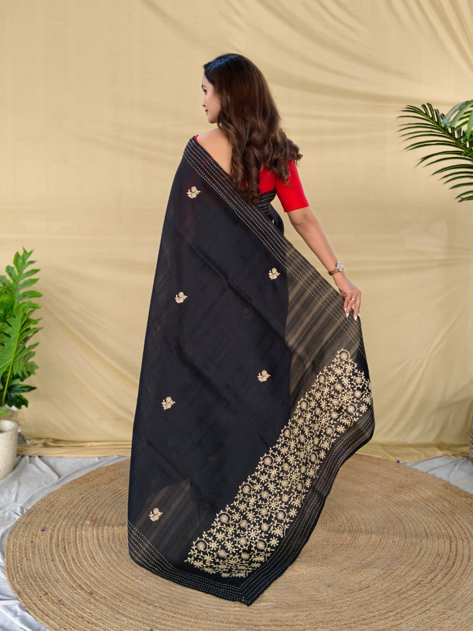 Mameraa Sarees Black Matka Silk Saree With All Over Designer Embroidery-Black | Grocsy