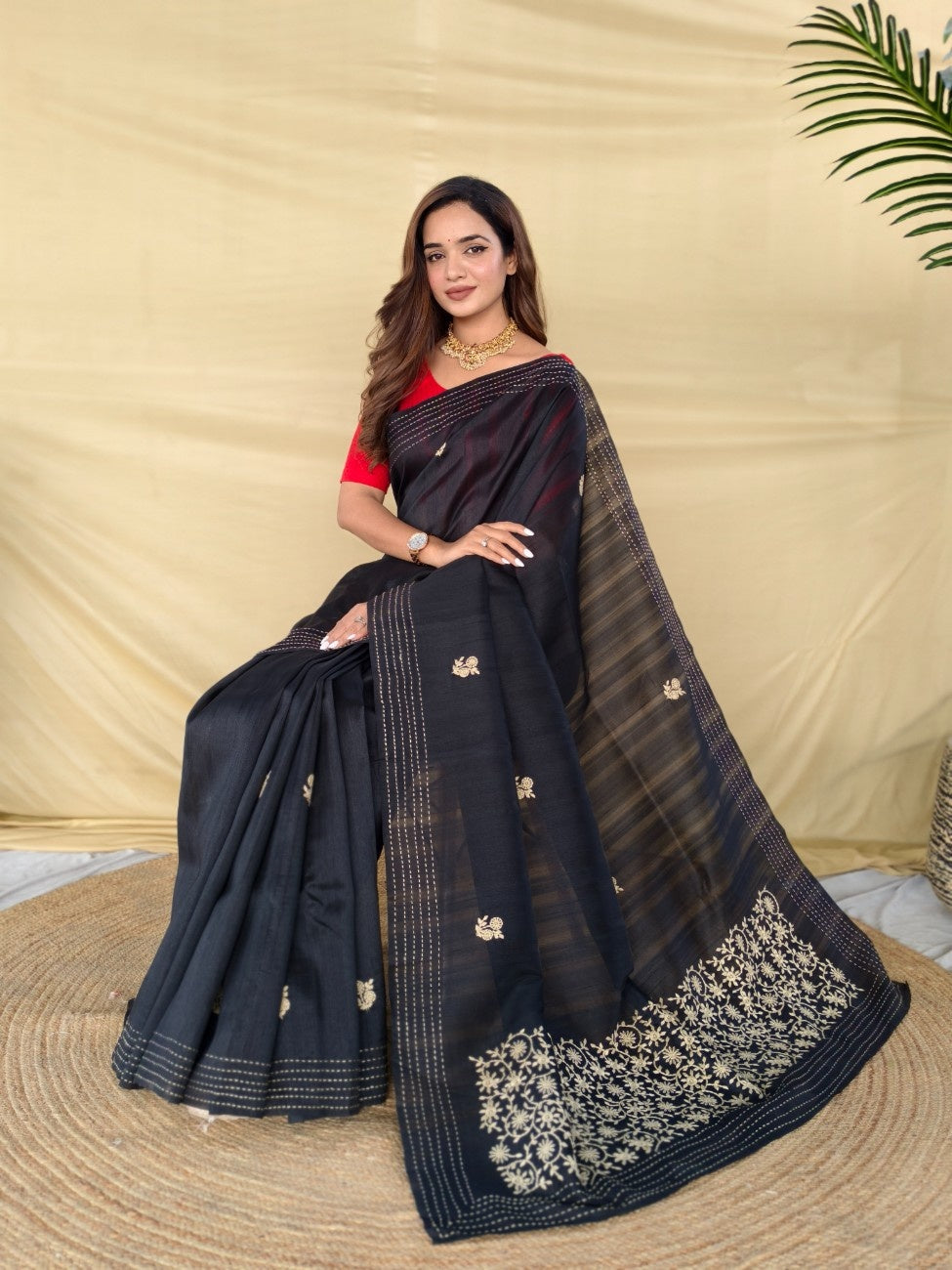 Mameraa Sarees Black Matka Silk Saree With All Over Designer Embroidery-Black | Grocsy