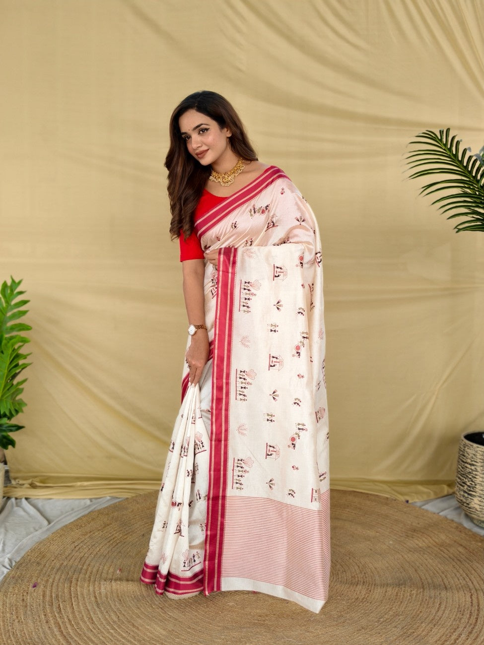 Mameraa Sarees White Heritage With A Royal Touch Tussar Silk Saree-White | Grocsy