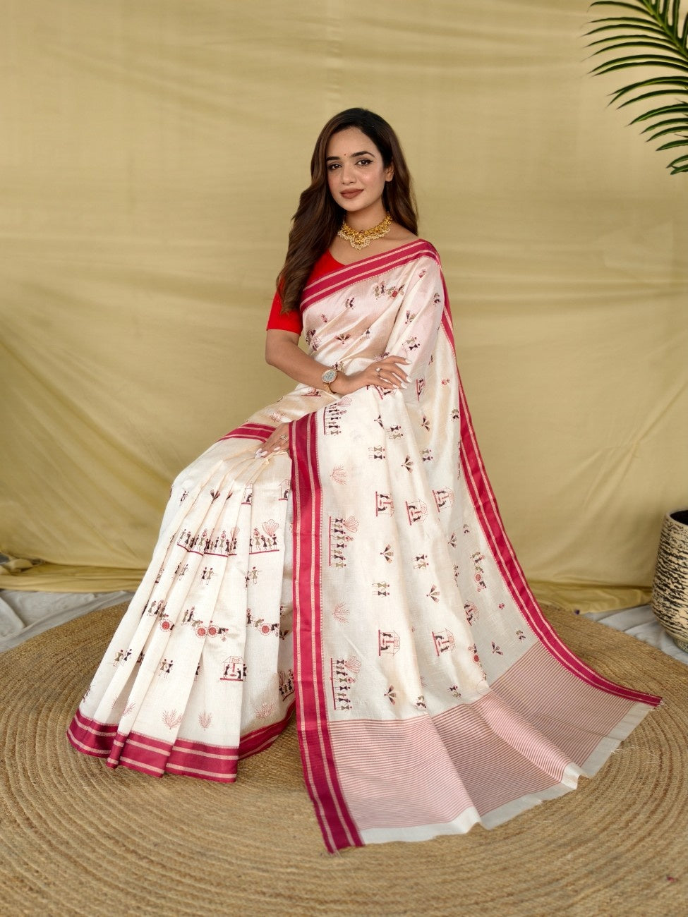 Mameraa Sarees White Heritage With A Royal Touch Tussar Silk Saree-White | Grocsy