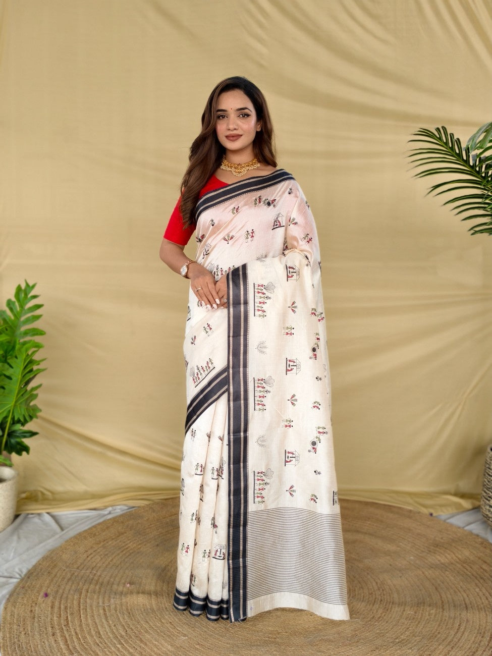 Mameraa Sarees White Heritage With A Royal Touch Tussar Silk Saree-White | Grocsy