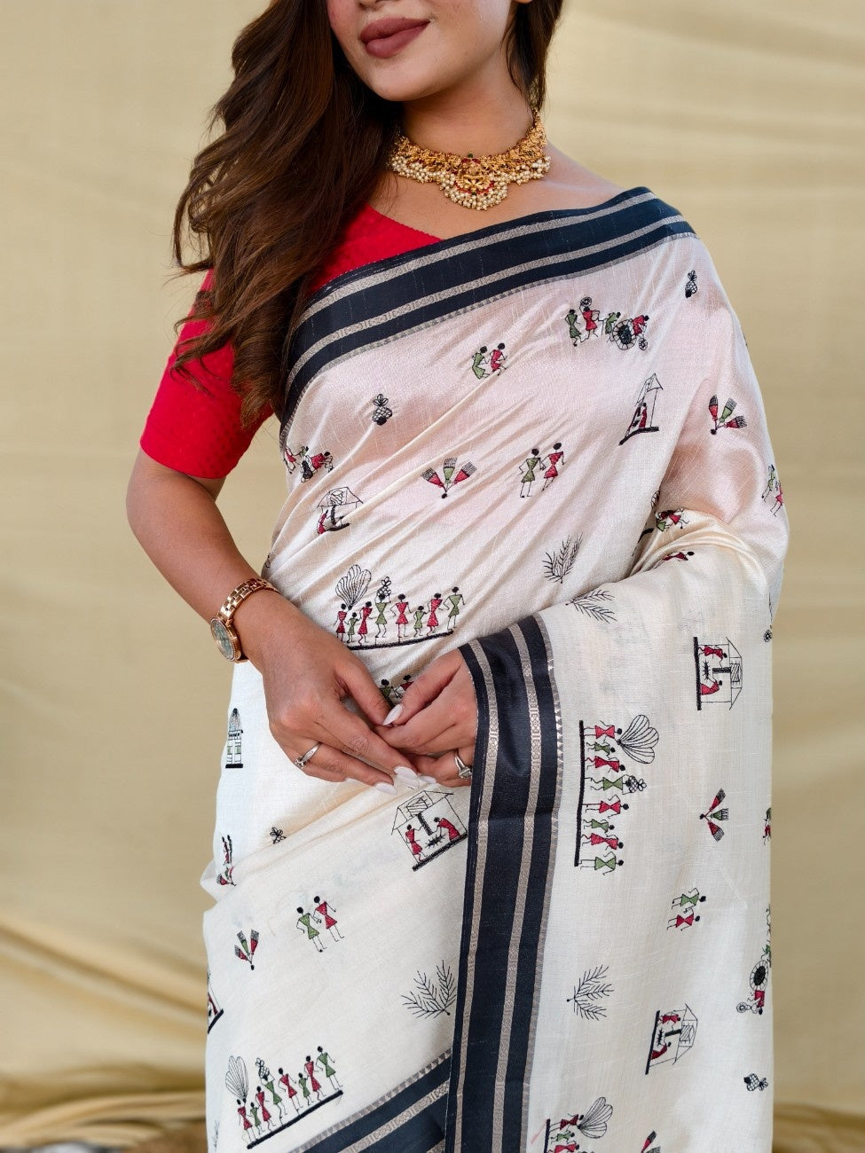 Mameraa Sarees White Heritage With A Royal Touch Tussar Silk Saree-White | Grocsy