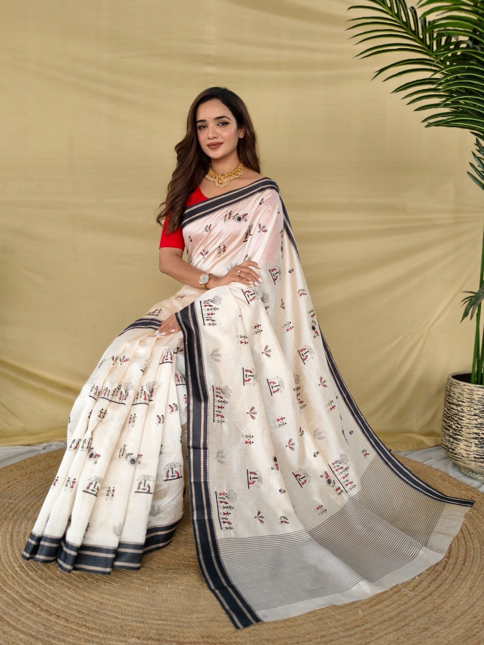 Mameraa Sarees White Heritage With A Royal Touch Tussar Silk Saree-White | Grocsy