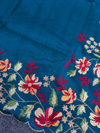 Mameraa Sarees Teal Matka Silk Saree With Heavy Floral Embroidery Border With Running Blouse-Teal | Grocsy