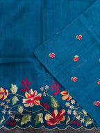 Mameraa Sarees Teal Matka Silk Saree With Heavy Floral Embroidery Border With Running Blouse-Teal | Grocsy