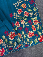 Mameraa Sarees Teal Matka Silk Saree With Heavy Floral Embroidery Border With Running Blouse-Teal | Grocsy