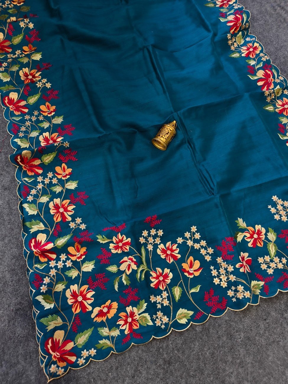 Mameraa Sarees Teal Matka Silk Saree With Heavy Floral Embroidery Border With Running Blouse-Teal | Grocsy