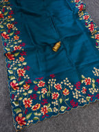 Mameraa Sarees Teal Matka Silk Saree With Heavy Floral Embroidery Border With Running Blouse-Teal | Grocsy