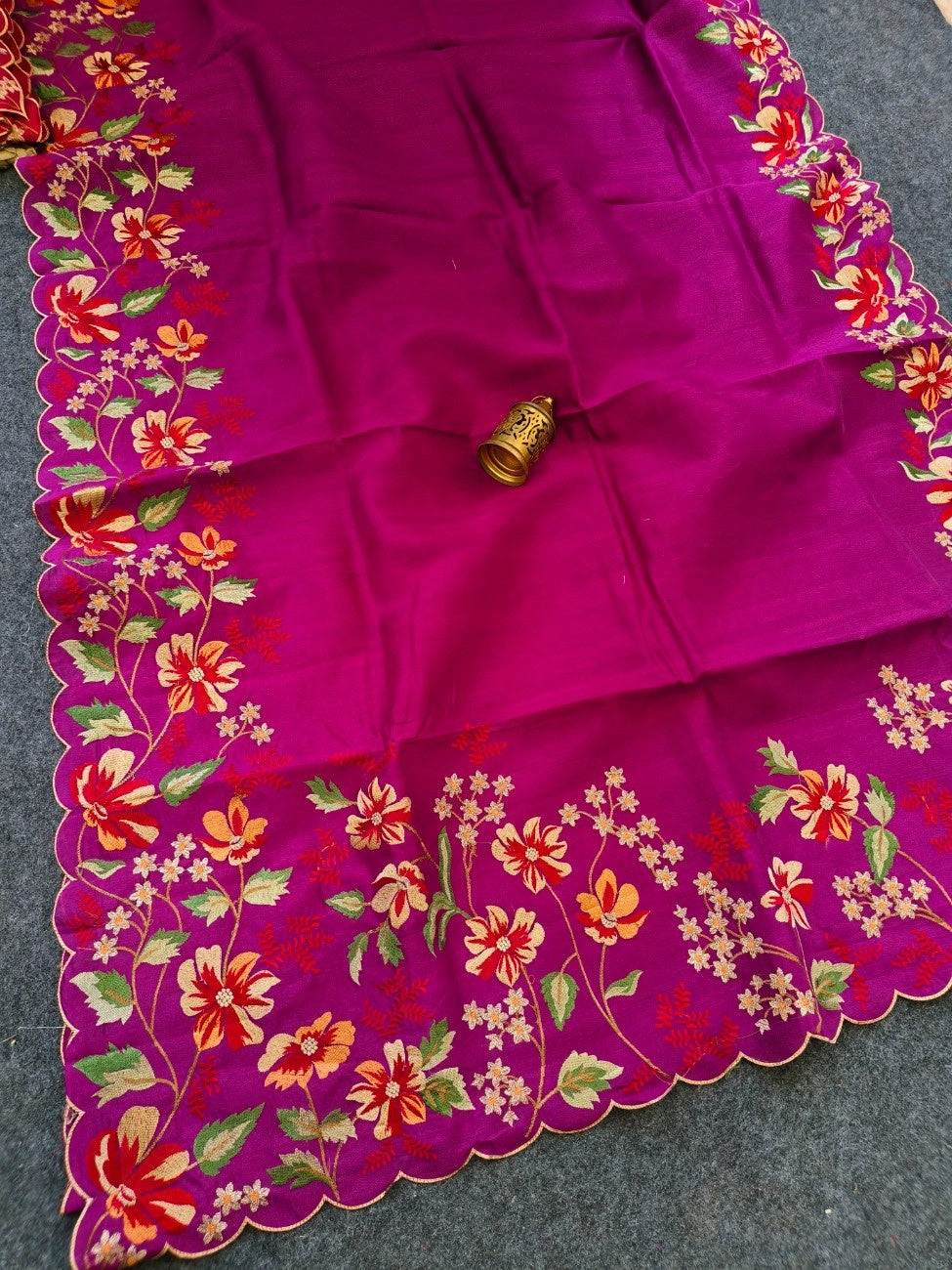 Mameraa Sarees Pink Matka Silk Saree With Heavy Floral Embroidery Border With Running Blouse-Pink | Grocsy