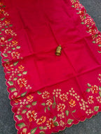 Mameraa Sarees Red Matka Silk Saree With Heavy Floral Embroidery Border With Running Blouse-Red | Grocsy