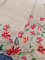 Mameraa Sarees Beige Matka Silk Saree With Heavy Floral Embroidery Border With Running Blouse-Beige | Grocsy