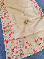 Mameraa Sarees Beige Matka Silk Saree With Heavy Floral Embroidery Border With Running Blouse-Beige | Grocsy