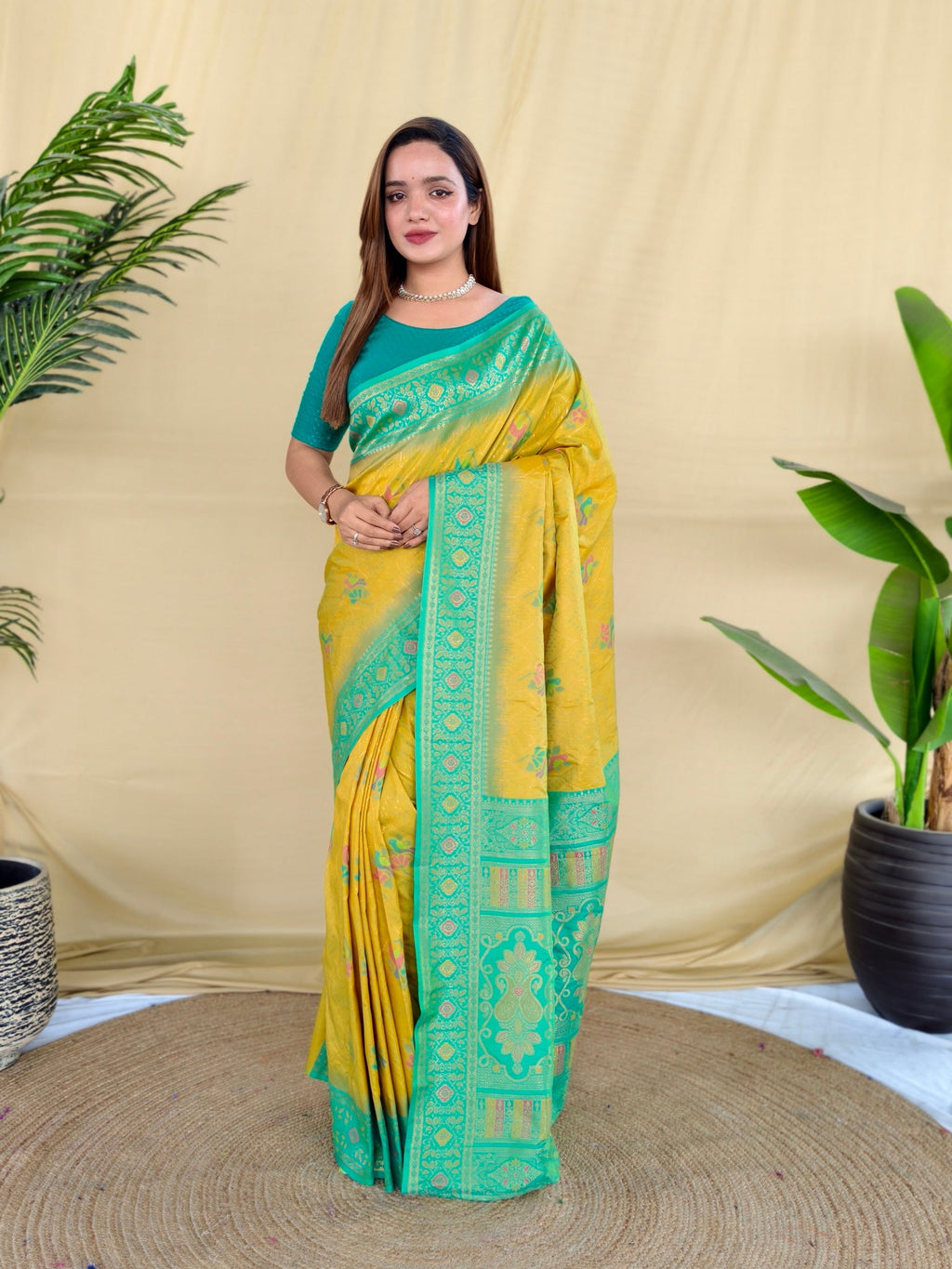 Mameraa Sarees Yellow Silk Saree Featuring Elegant Traditional Motifs All Over The Saree With Contrast Blouse-Yellow | Grocsy