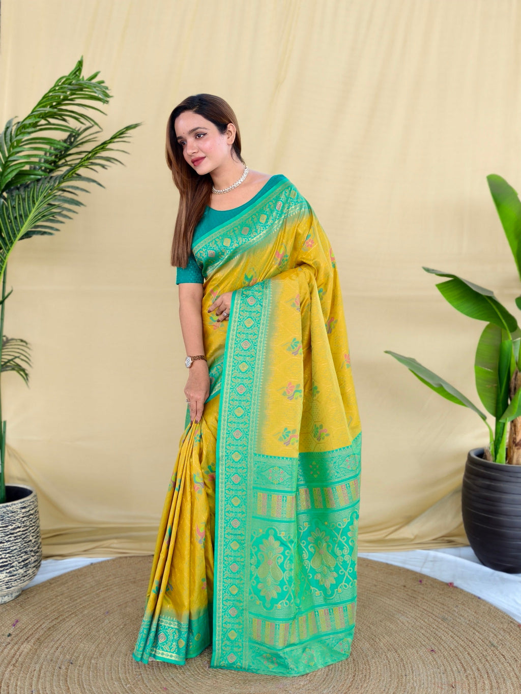 Mameraa Sarees Yellow Silk Saree Featuring Elegant Traditional Motifs All Over The Saree With Contrast Blouse-Yellow | Grocsy