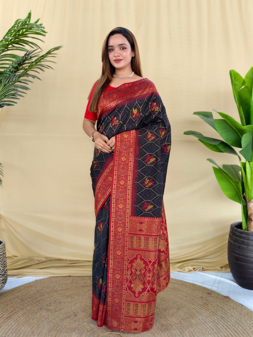Mameraa Sarees Black Silk Saree Featuring Elegant Traditional Motifs All Over The Saree With Contrast Blouse-Black | Grocsy