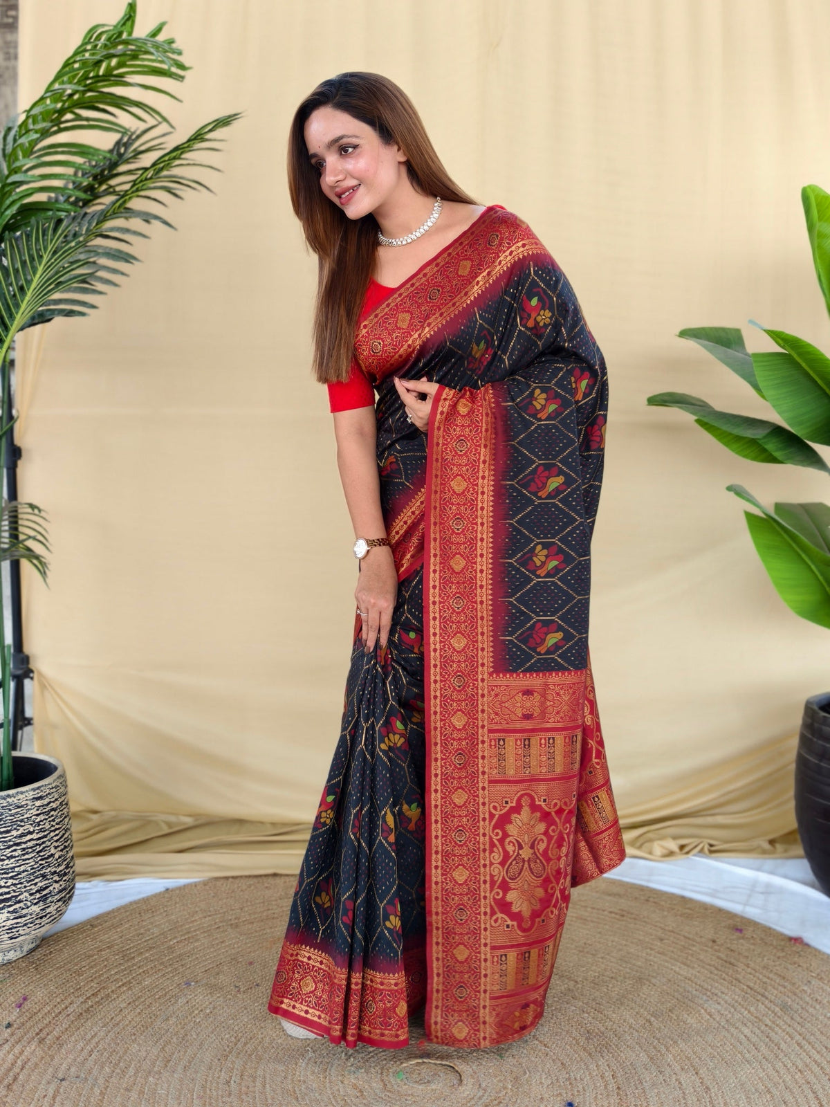 Mameraa Sarees Black Silk Saree Featuring Elegant Traditional Motifs All Over The Saree With Contrast Blouse-Black | Grocsy