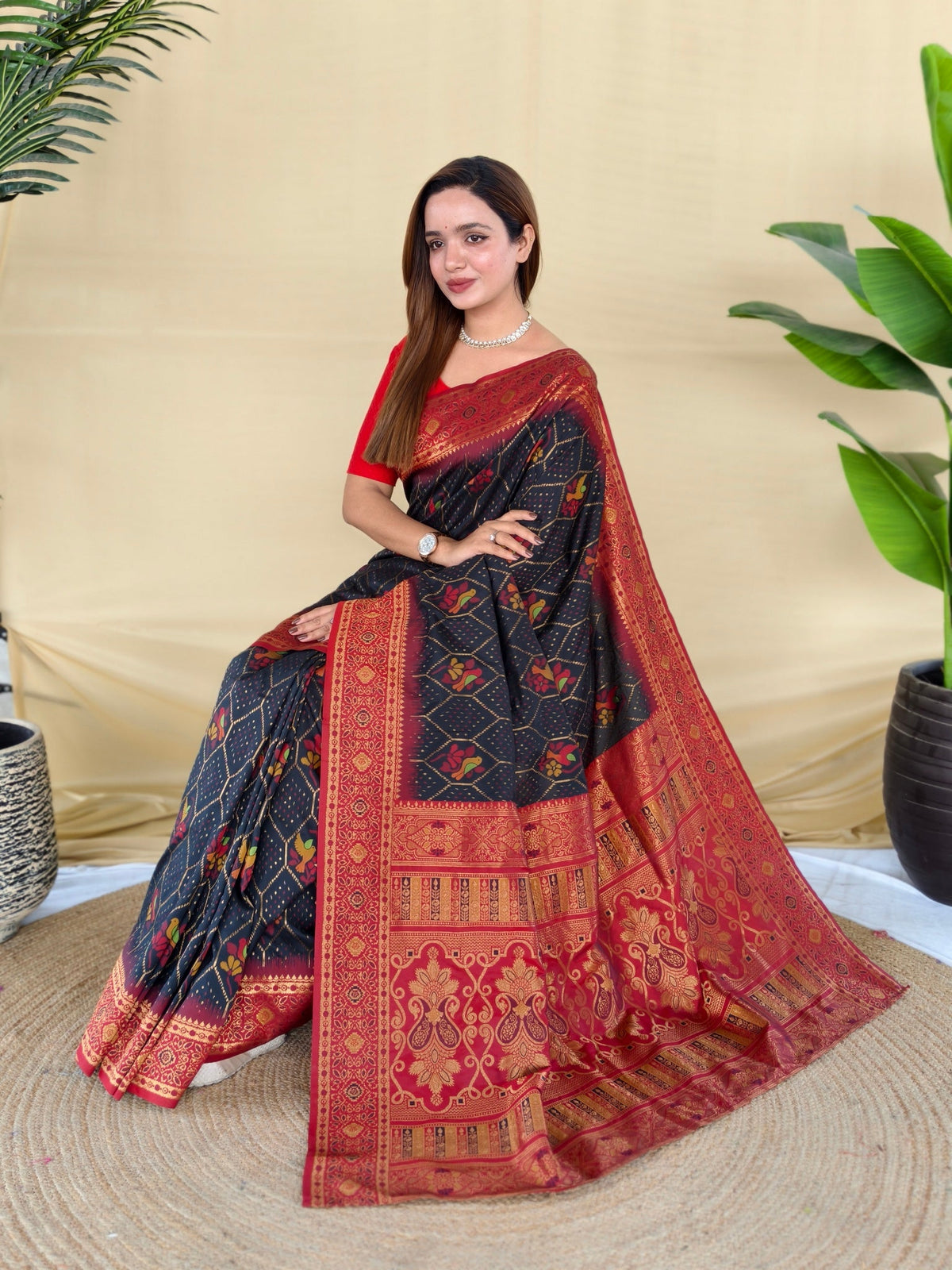 Mameraa Sarees Black Silk Saree Featuring Elegant Traditional Motifs All Over The Saree With Contrast Blouse-Black | Grocsy