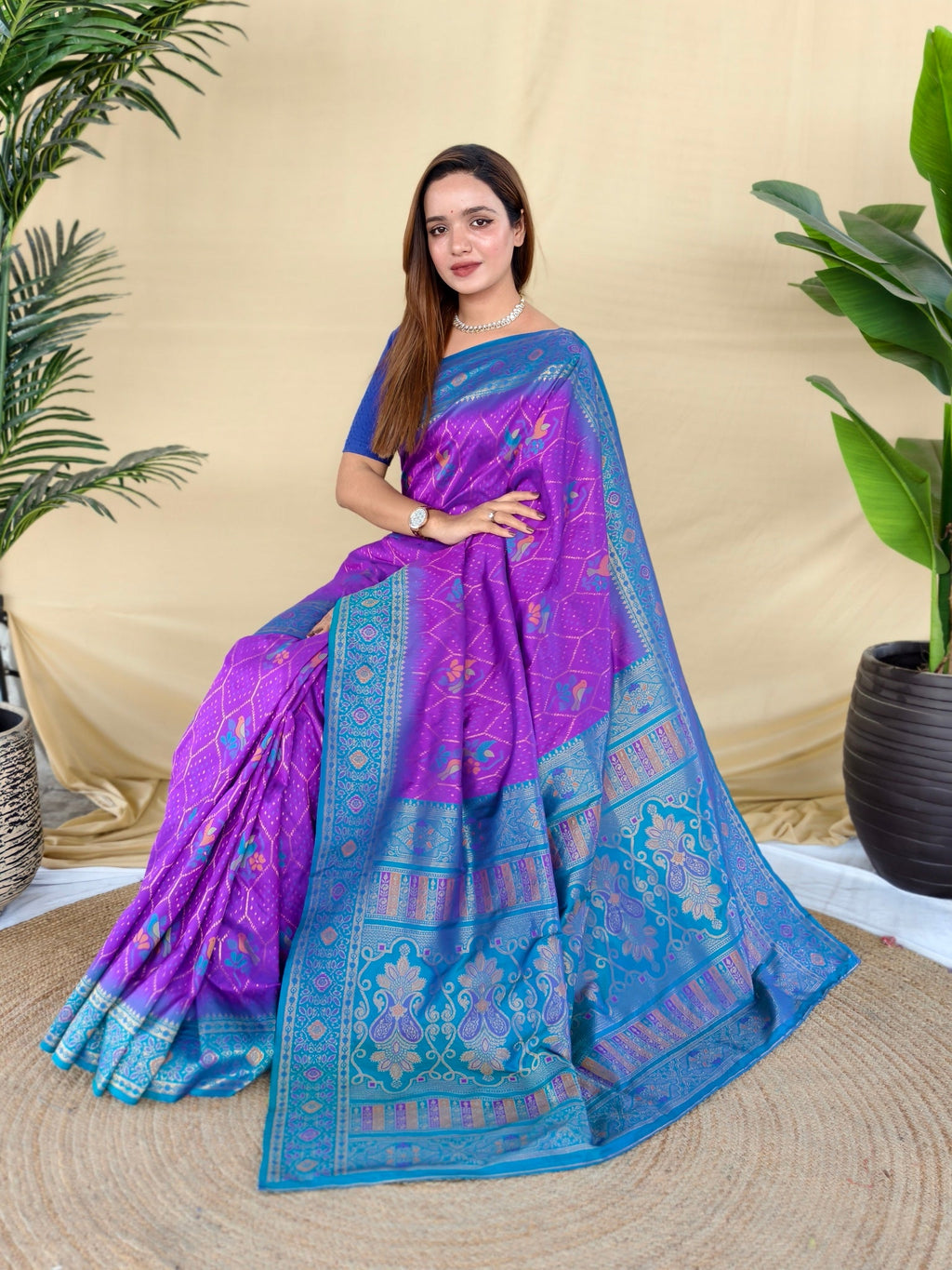 Mameraa Sarees Purple Silk Saree Featuring Elegant Traditional Motifs All Over The Saree With Contrast Blouse-Purple | Grocsy