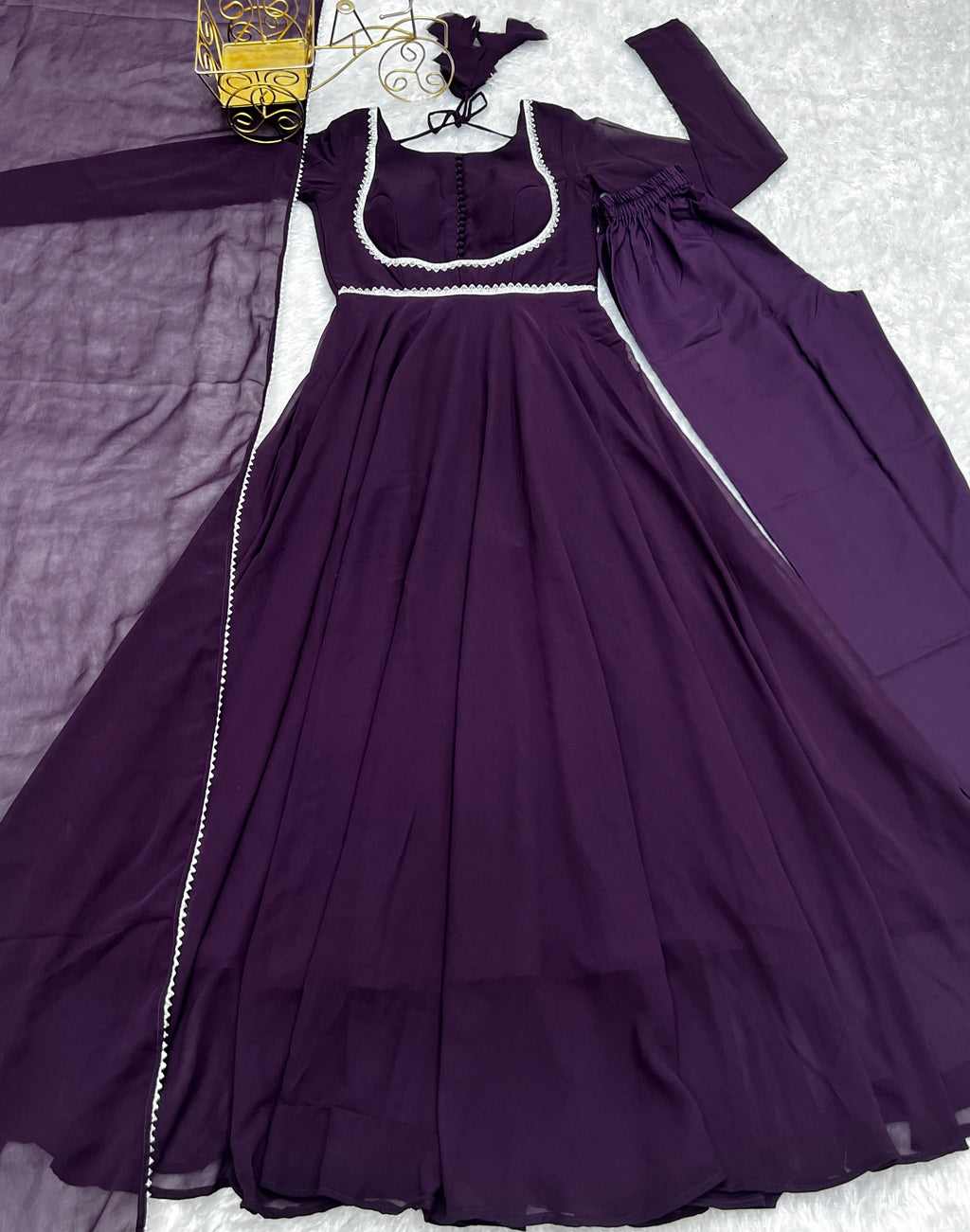 Lorenvalley Fashion Wine Georgette Anarkali Gown Dupatta Set With Pant Ready to Wear - Wine | Grocsy