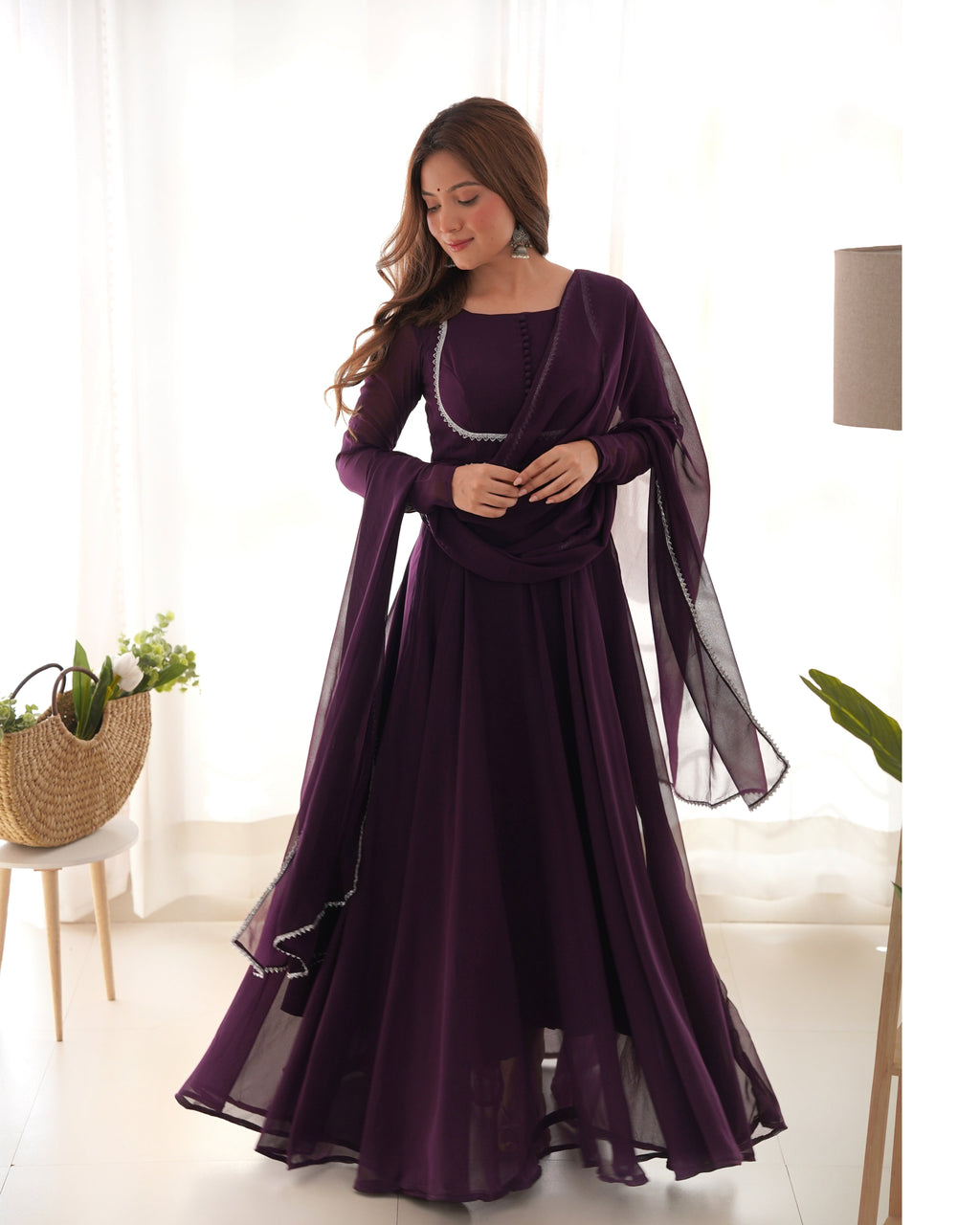 Lorenvalley Fashion Wine Georgette Anarkali Gown Dupatta Set With Pant Ready to Wear - Wine | Grocsy