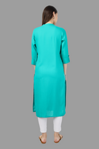 House of RP Women's Turquoise Rayon Chicken Embroidered Straight Kurta | Grocsy