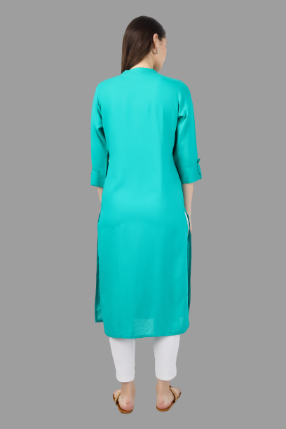House of RP Women's Turquoise Rayon Chicken Embroidered Straight Kurta | Grocsy