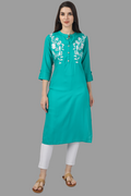 House of RP Women's Turquoise Rayon Chicken Embroidered Straight Kurta | Grocsy