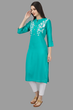 House of RP Women's Turquoise Rayon Chicken Embroidered Straight Kurta | Grocsy