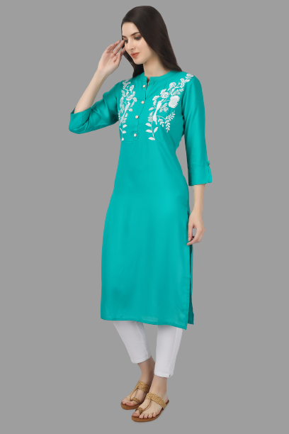 House of RP Women's Turquoise Rayon Chicken Embroidered Straight Kurta | Grocsy
