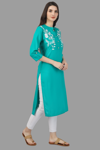 House of RP Women's Turquoise Rayon Chicken Embroidered Straight Kurta | Grocsy