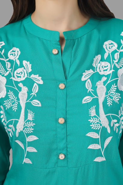 House of RP Women's Turquoise Rayon Chicken Embroidered Straight Kurta | Grocsy