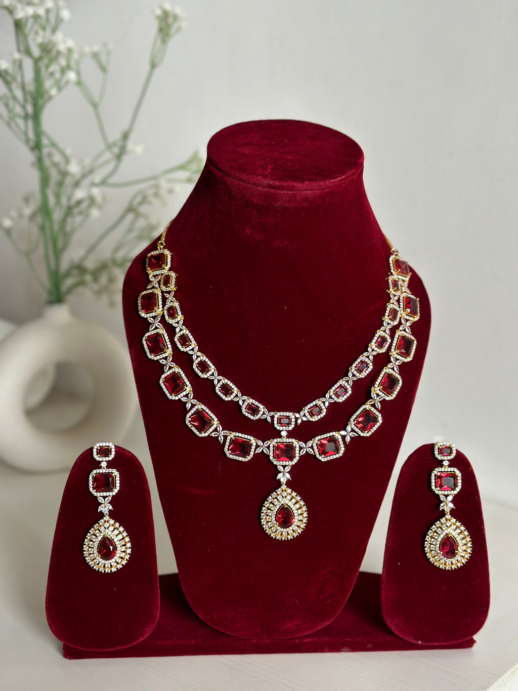 Red American Diamond Two Layer Elegent Necklace Set With Earrings By House of Ree - Swadesiicart