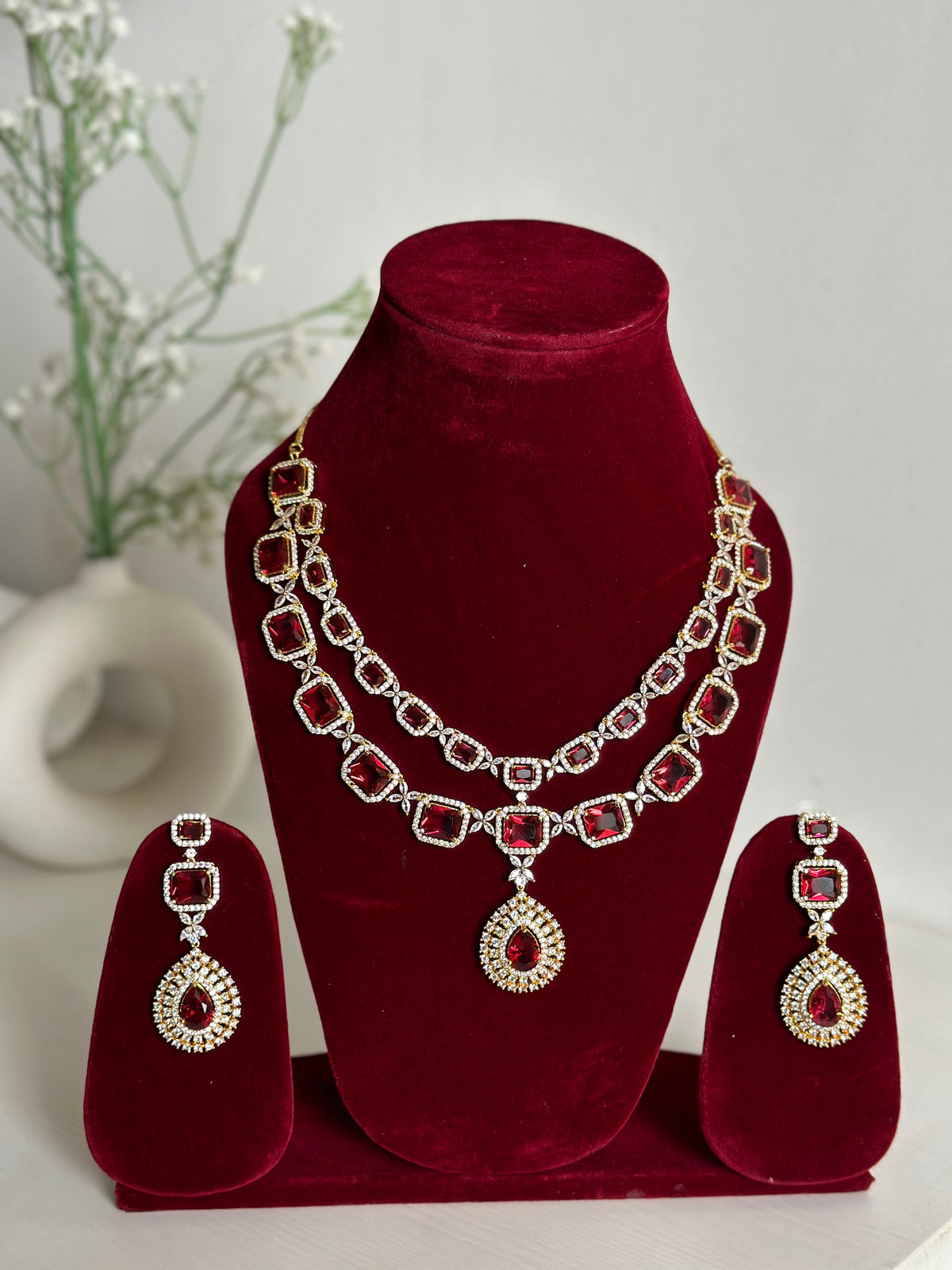 Red American Diamond Two Layer Elegent Necklace Set With Earrings By House of Ree - Swadesiicart
