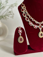 Red American Diamond Two Layer Elegent Necklace Set With Earrings By House of Ree - Swadesiicart