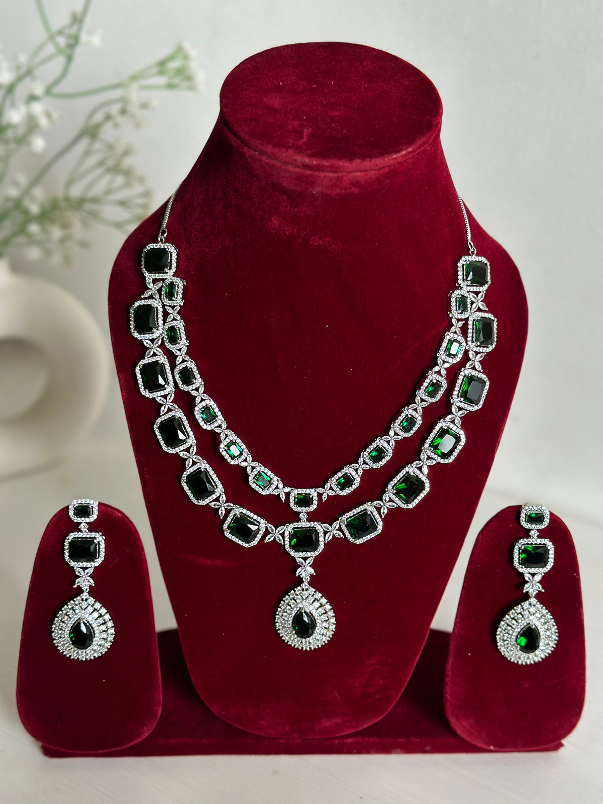 Green American Diamond Two Layer Elegent Necklace Set With Earrings By House of Ree - Swadesiicart