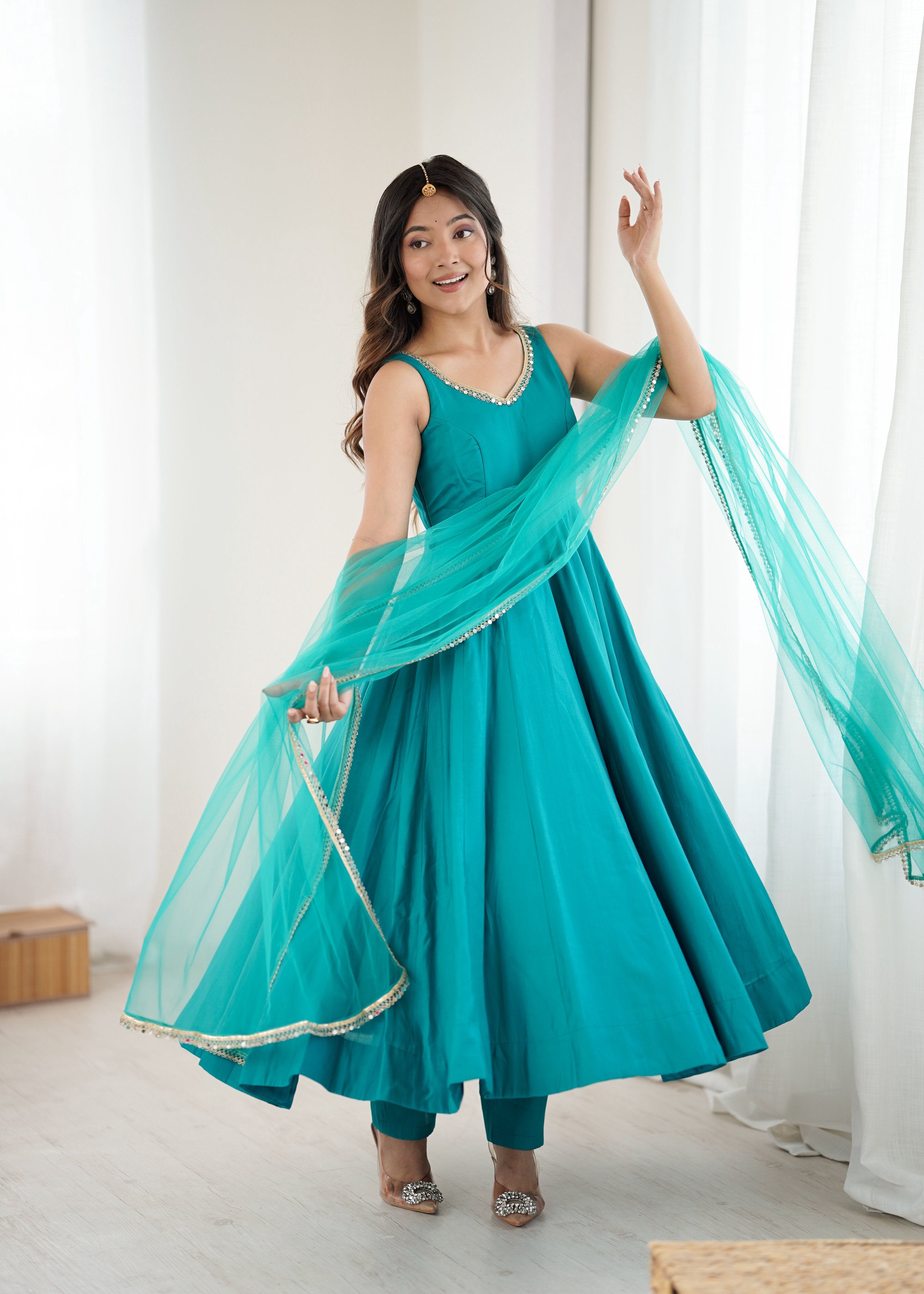 Evanik Rama Pure Romansilk Chanderi Plain Fully Flair Anarkali Suit | Grocsy