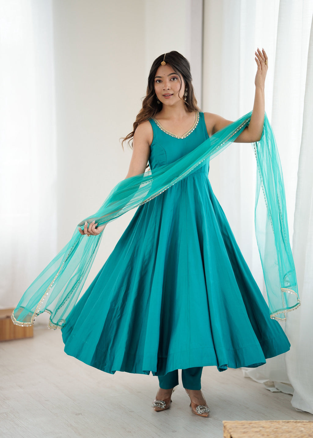 Evanik Rama Pure Romansilk Chanderi Plain Fully Flair Anarkali Suit | Grocsy