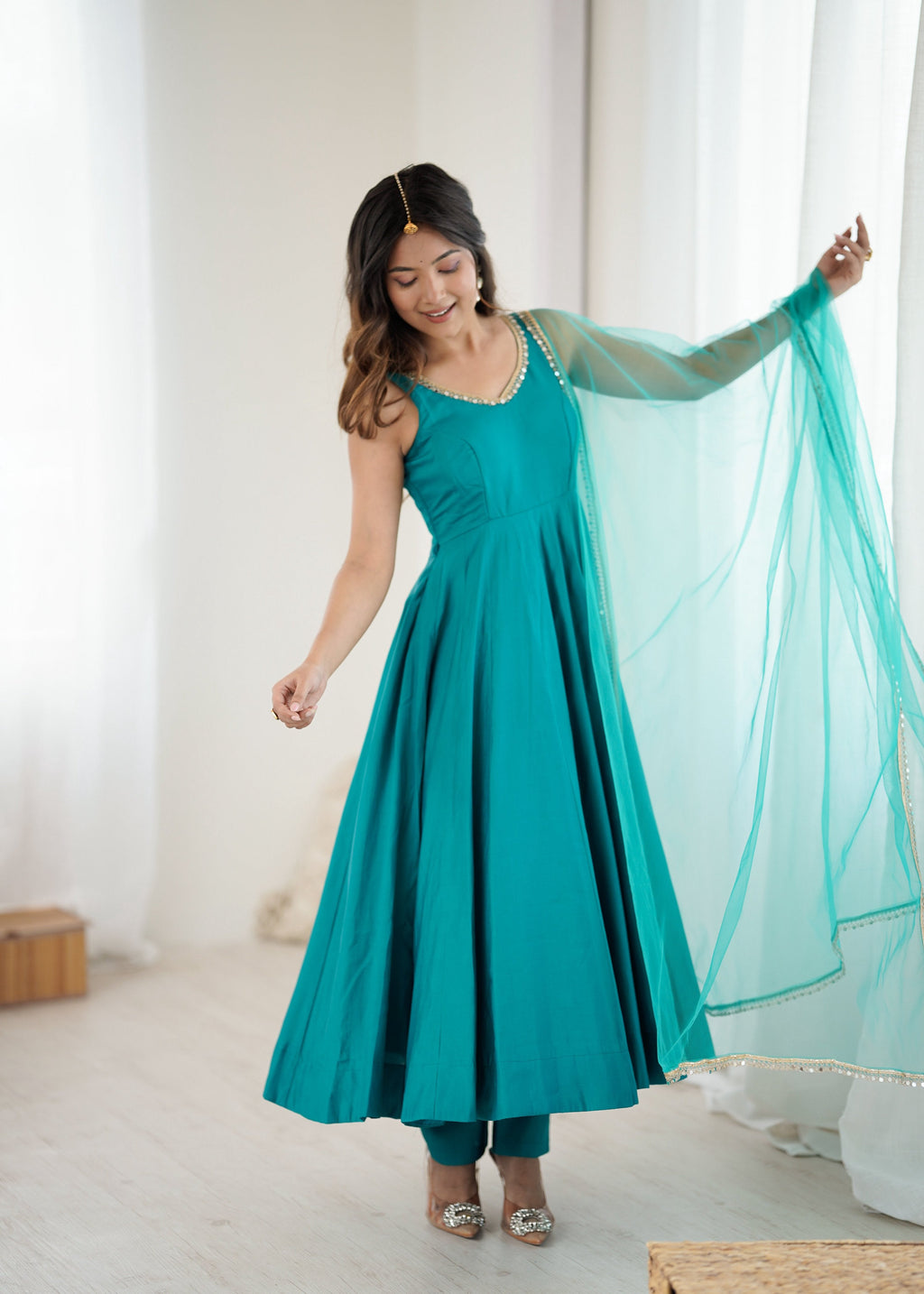 Evanik Rama Pure Romansilk Chanderi Plain Fully Flair Anarkali Suit | Grocsy