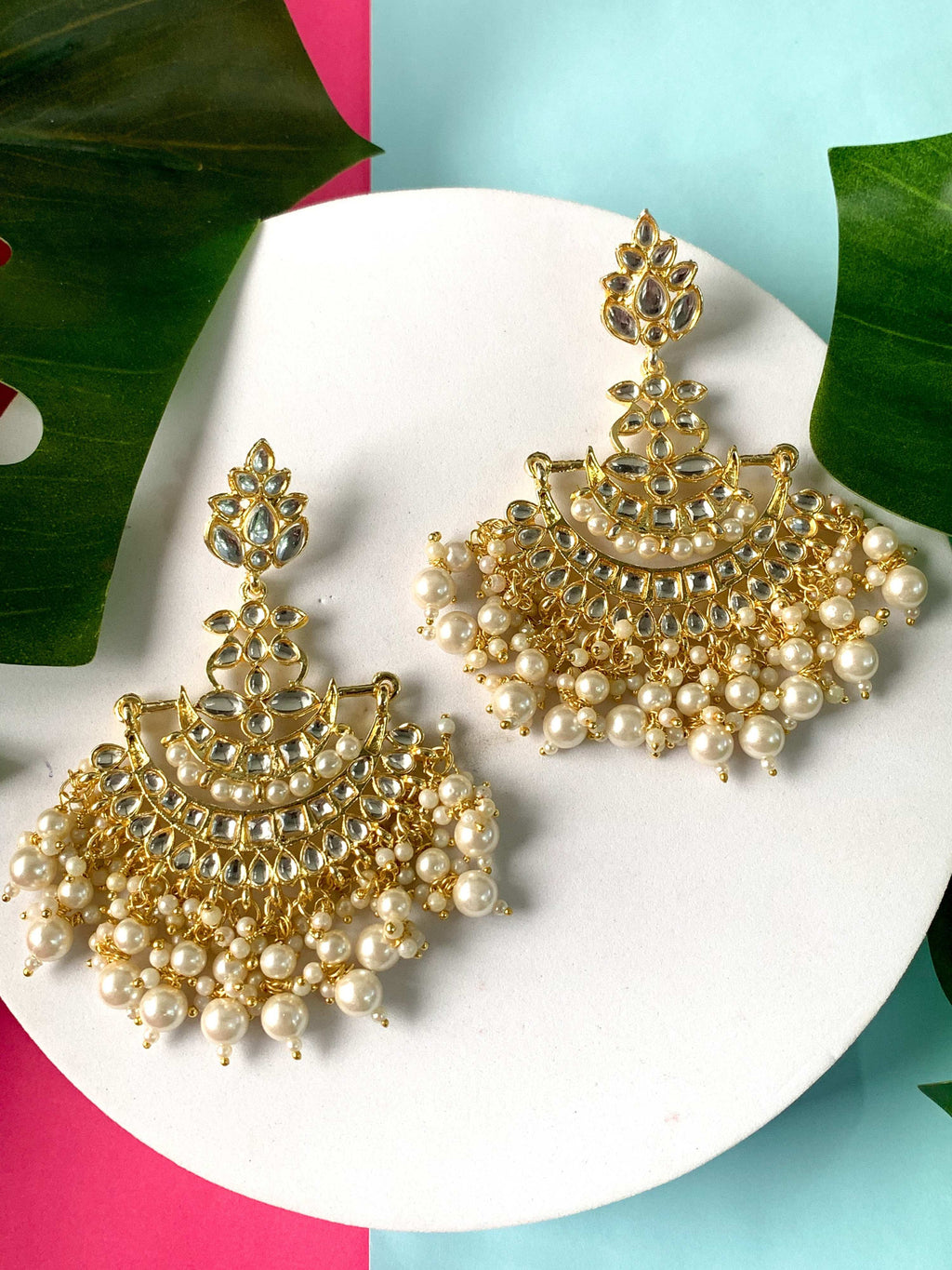 Traditional Gold-Polished White Kundan Pearl Drop Chandbali Earring For Women/Girls - Wahe Jewels - Swadesiicart