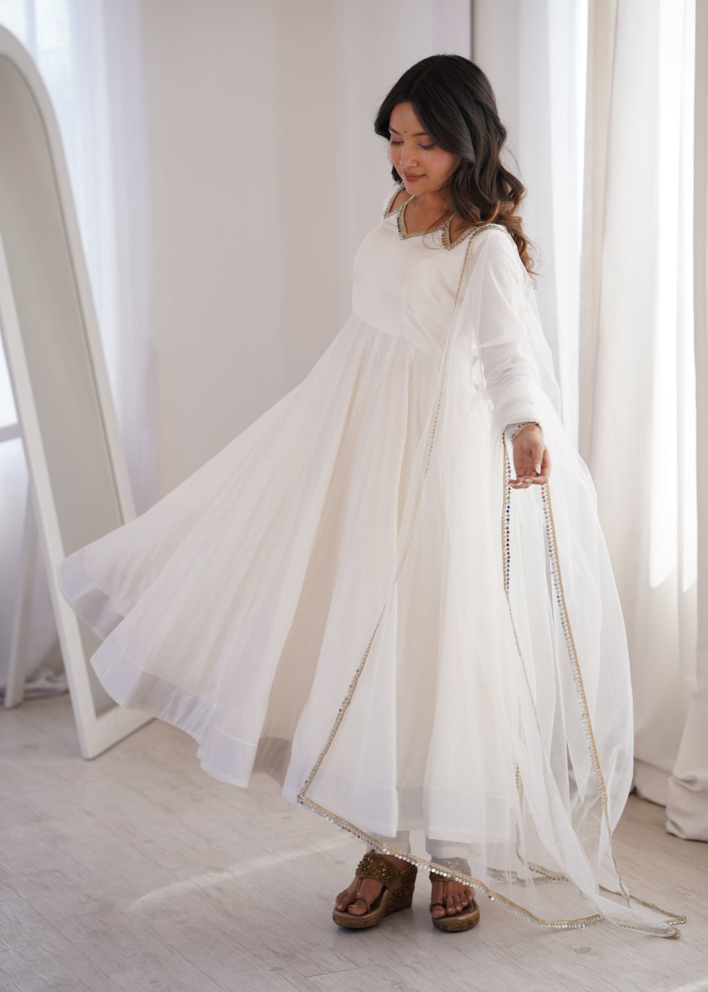 Evanik Women Off White Ethnic Anarkali Kurta Set for Festive & Wedding Wear | Grocsy
