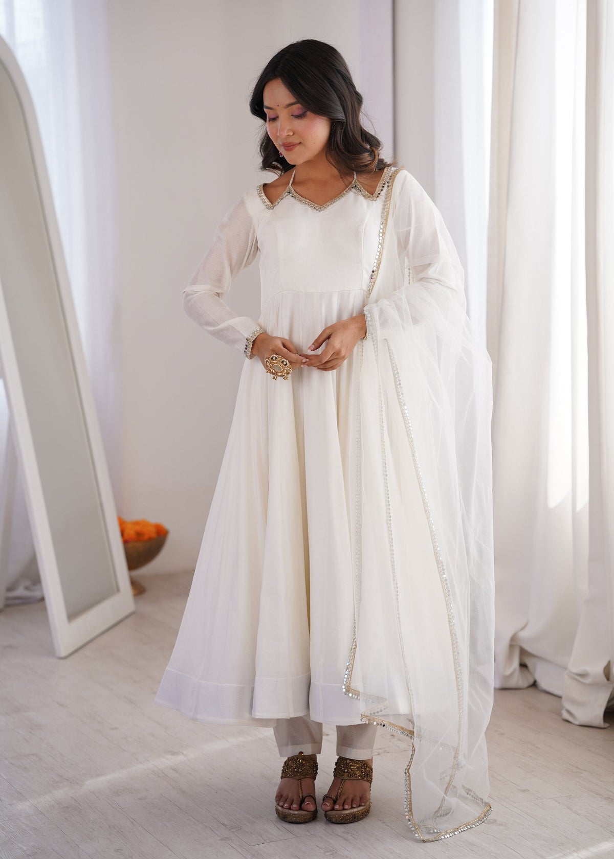 Evanik Women Off White Ethnic Anarkali Kurta Set for Festive & Wedding Wear | Grocsy