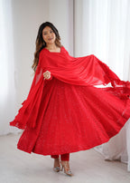 Evanik Red Heavy Faux Georgette With Lucknowi Work Anarkali Suit | Grocsy