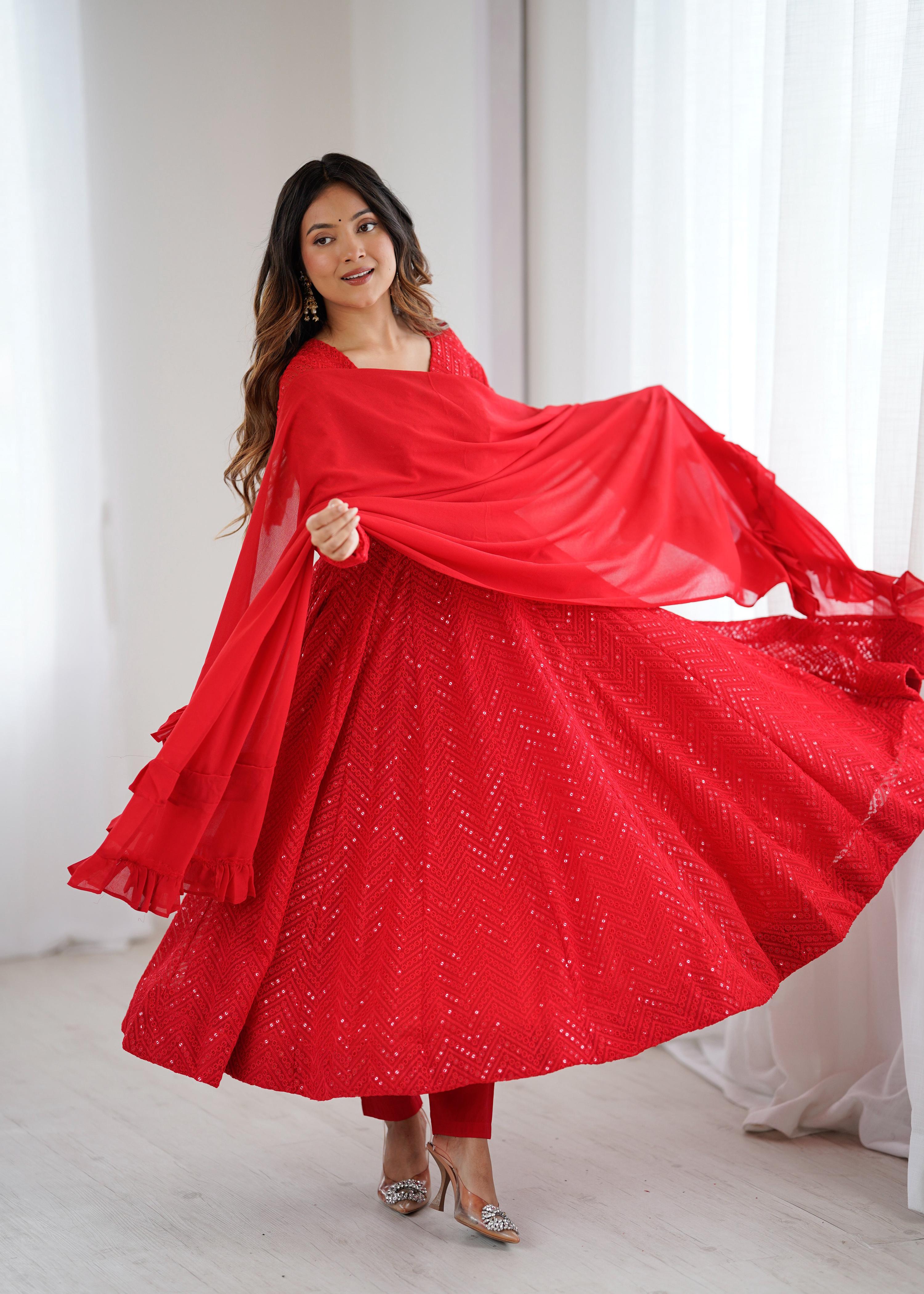 Evanik Red Heavy Faux Georgette With Lucknowi Work Anarkali Suit | Grocsy