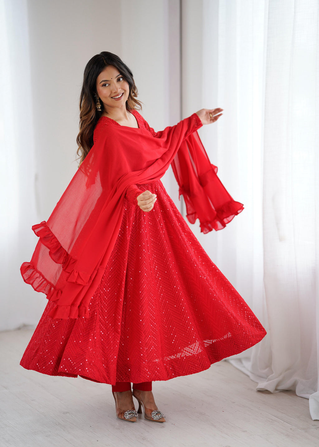 Evanik Red Heavy Faux Georgette With Lucknowi Work Anarkali Suit | Grocsy