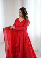 Evanik Red Heavy Faux Georgette With Lucknowi Work Anarkali Suit | Grocsy