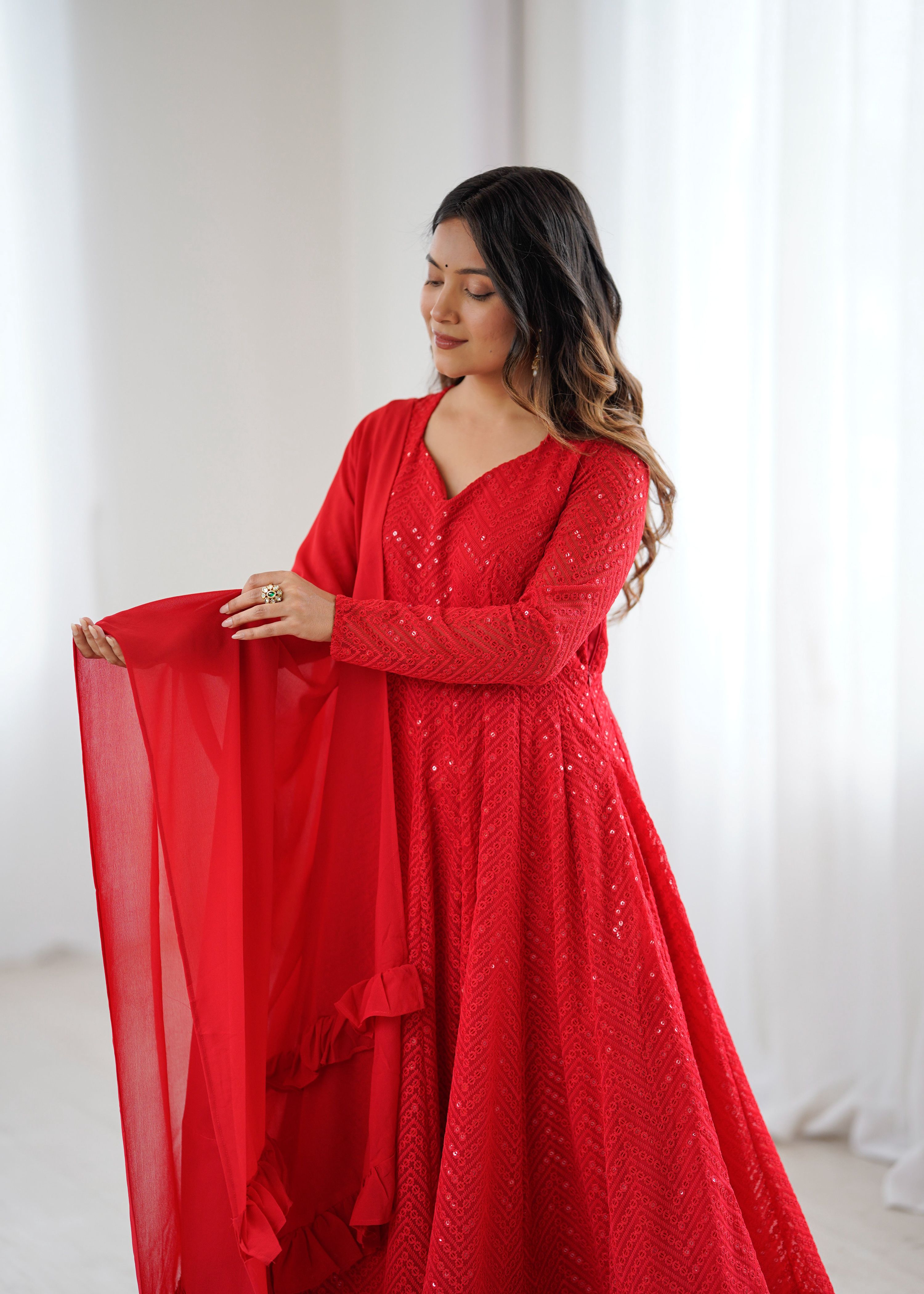 Evanik Red Heavy Faux Georgette With Lucknowi Work Anarkali Suit | Grocsy