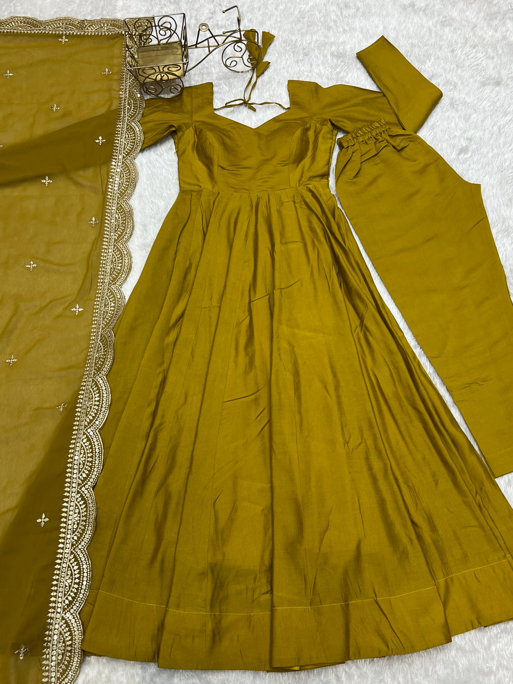 Lorenvalley Fashion Yellow Pure Roman Silk Chanderi Fabric Fully Flared Anarkali Pant With Dupatta Set - Yellow | Grocsy